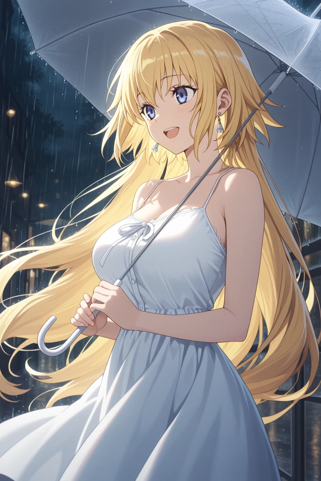 cinematic shot, centered, cinematography, intricately detailed, crafted, meticulous, magnificent, maximum details, extremely hyper aesthetic, (((1girl, solo))), 18age, long hair, Blonde hair, white skin, blonde hair, dress, Realistic, cleavage, rain, wet, sweat,