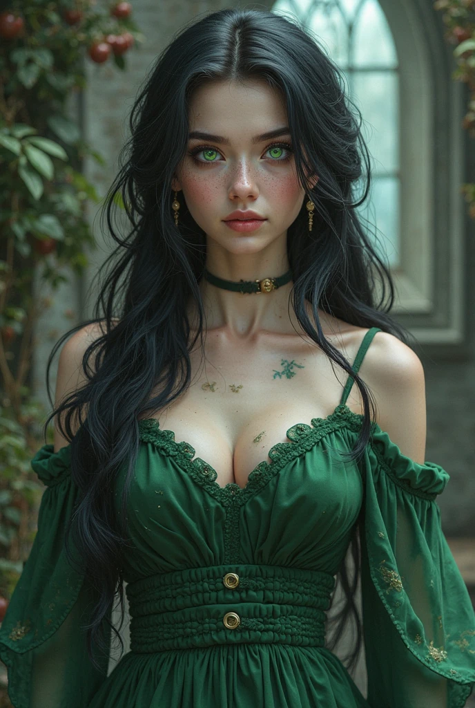 Beautiful girl with blue eyes and black hair wearing black dress in an old house full of flowers