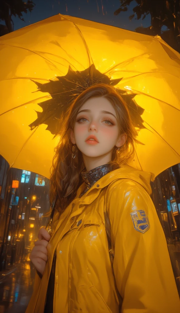 Open an umbrella and hold it、 cute young woman、Yellow Umbrella 、yellow raincoat、Watch Viewers、surprised expression、in the rain、Park road、behind、night、portrait、