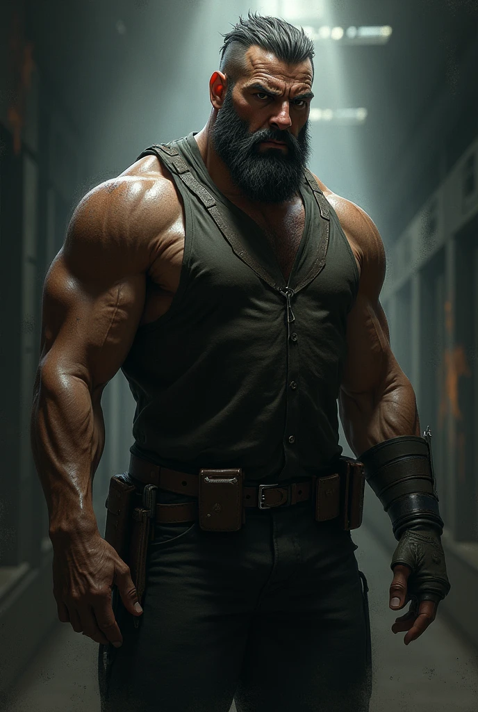 A muscular, rugged-looking man with a masculine face, piercing eyes, and a strong jawline, wearing a tight shirt, (best quality,4k,8k,highres,masterpiece:1.2),ultra-detailed,(realistic,photorealistic,photo-realistic:1.37),hyper-detailed facial features, brutalmass, masculine, aggressive expression, powerful, intimidating, grizzled, weathered skin, cinematic lighting, dramatic shadows, moody atmosphere, gritty, rugged, industrial setting