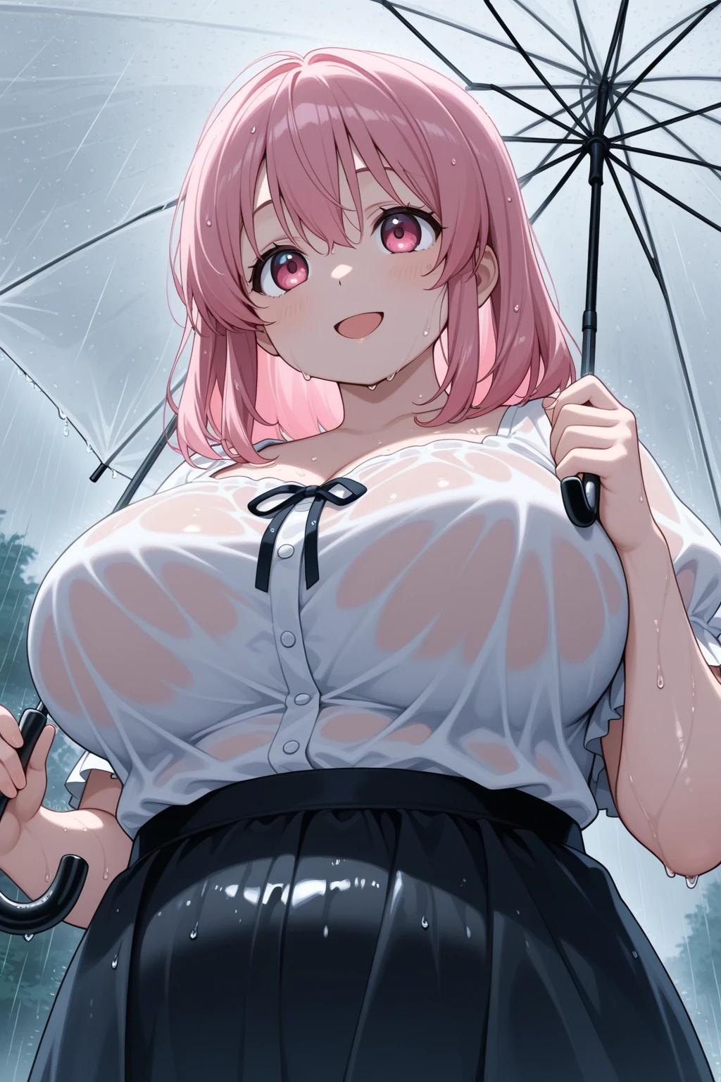 An anime girl,Pink Hair,Green eyes,Umbrella,Rainy Day,Get soaked,Red cheeks