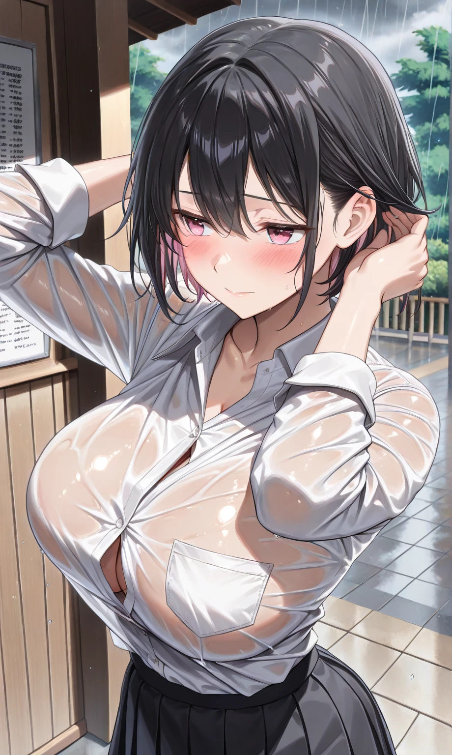 、(masterpiece、Highest quality)、Highest quality, Ultra-high resolution, (((masterpiece))), alone, Sweat、Big eyes, Composition from the front、Shortcuts、Embarrassed face、Bronze colored hair、Cut the back hair short、Bathroom、Shower scene、 Expose、Completely naked、pubic hair、belly button、Large areola、Nipples、short hair