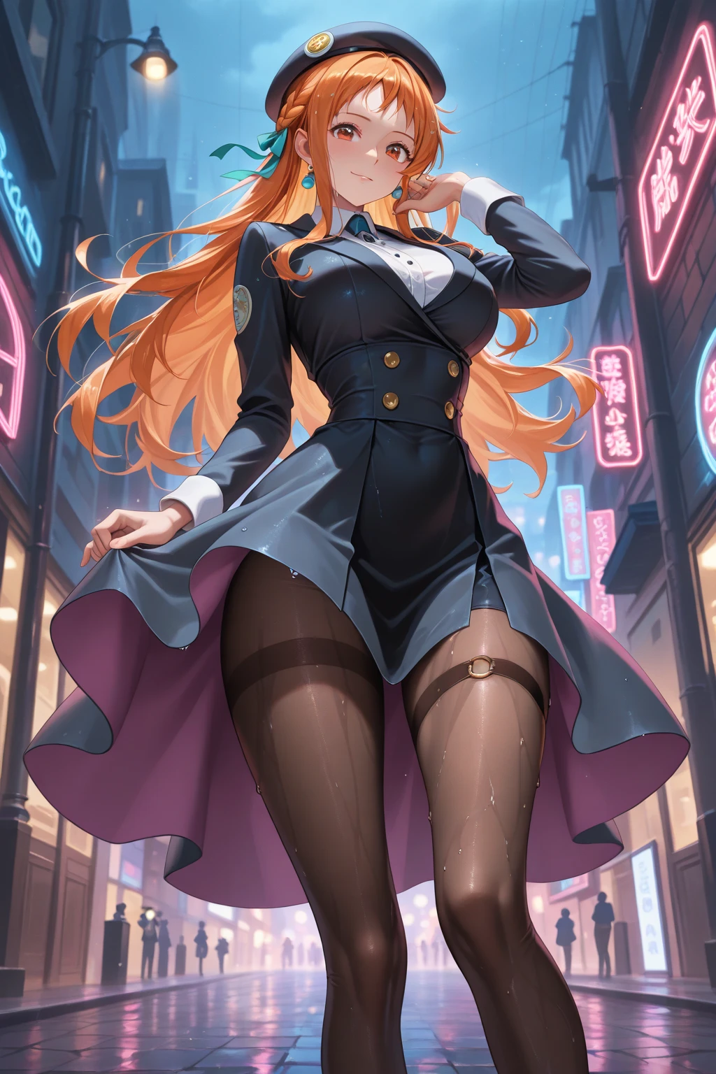 cute bunny girl,(((1girl))),((anime bunny girl with extremely cute and beautiful orange hair walking seductively down the street)),(((bunny girl,anthro furry cute,bunny-girl))),(((bunny ears,bunny ears on head,big bunny ears))),


(large breasts:1.4),saggy breasts,(((red orange:1.35,colored inner hair,ear breathing,large hair))),((heterochromia, eye1 red, eye2 orange, perfect eyes, upturned eyes:1.3, beautiful detailed eyes, finely detailed beautiful eyes:1, big highlight on eyes:1.2, slanted eyes)), ((fat)),(((lustrous skin:1.5,bright skin: 1.5,skin tanned,shiny skin,very shiny skin,shiny body,plastic glitter skin,exaggerated shiny skin))),(spider lower abdomen,narrow waist,wide hip,athletic body,inflated legs,delicate detailed fingers,detailed body,detailed arms,human hands, detailed hands),

cute,slutty,seductive,erotic,nsfw, 

(((wearing dark red formal blazer, short skirt,))), (((huge cleavage))), (detailed outfit,detailed clothes),

(dynamic pose:1.0), solo focus, embarrassed, centered, scale to fit dimensions, Rule of thirds,

outdoors, ((night view)), (cyberpunk night street Background: 1.5,dark sky,alleyway,lonely alley,thick clouds, detailed background:1.25),

(best quality), (high resolution), (sharp focus), (ultra detailed), (extremely detailed), (extremely high quality artwork), 8k_wallpaper, (extremely detailed CG 8k),(very fine 8K CG), ((hyper super ultra detailed perfect piece)), flawless, (((masterpiece))), illustration, vibrant colors,  (intricate), High contrast, Selective lighting, Double exposure, HDR (High Dynamic Range), Post-processing, Background blur,