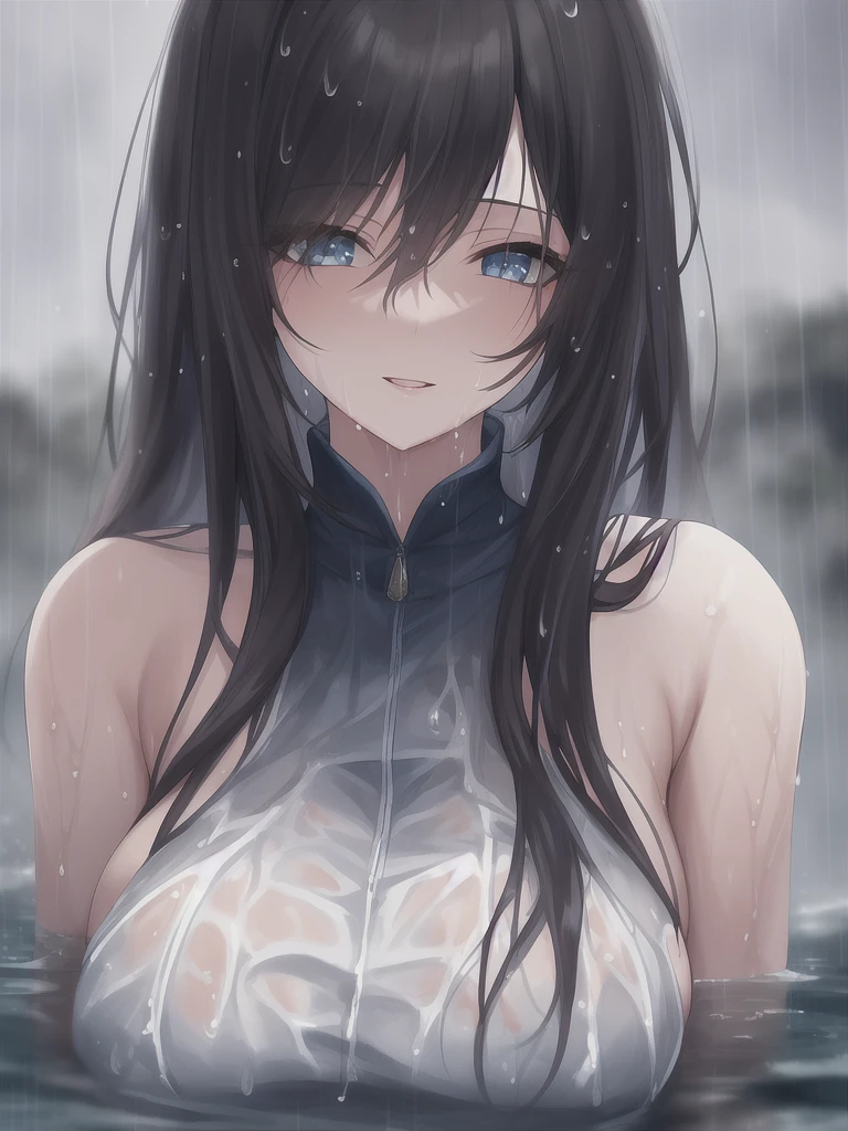 bangs, sidelocks, black hair, long hair, black hairband, perfect shiny hair, blue eyes, ultra-detailed eyes, iridescent shiny eyes,, , , empty eyes , large breasts, solo, nipple,  , Heavy snowfall area,　Freezing wet crying  ,naked, flooding, lightning, inferno, running, bloodshed