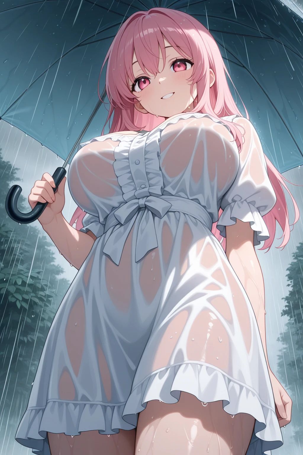 An anime girl,Pink Hair,Green eyes,Umbrella,Rainy Day,Get soaked,Shy expression