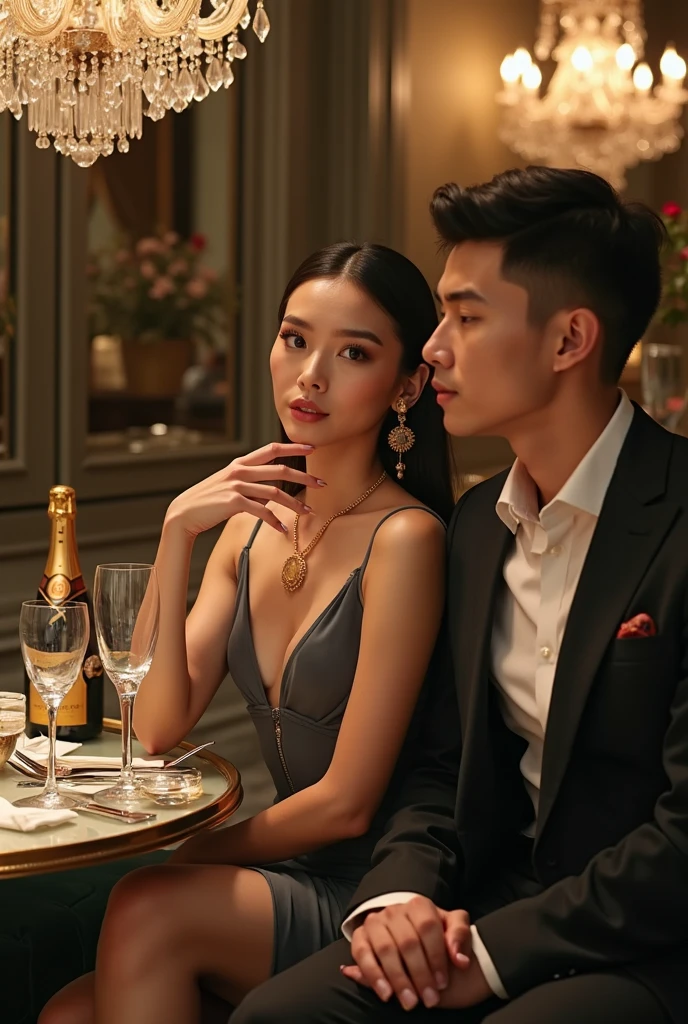 (8k, RAW photo, best quality, masterpiece:1.3),(realistic, photo-realistic:1.37),realistic skin texture,(photorealistic:1.3),(hyperrealistic:1.2.3.4), Super sexy petite Asian bimbo have dinner with her sugardaddy business tycoon