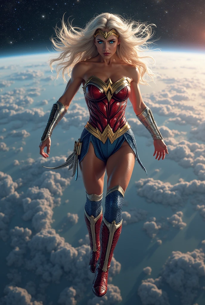 ((Masterpiece)) in the best quality, showcasing an ultra-detailed CG Unity 8K wallpaper, presents a majestic and powerful Supergirl soaring through the clouds. Her bold and confident demeanor is palpable as she flies, her cape fluttering behind her with each powerful beat of her wings. The dramatic lighting casts a warm, golden hue over her powerful aura, making her scarlet super suit and the iconic "S" emblem on her chest stand out.
The scene is set against a breathtaking backdrop of a cityscape and a spectacular cloudscape, complete with billowing smoke and debris. Volumetric light adds depth and realism