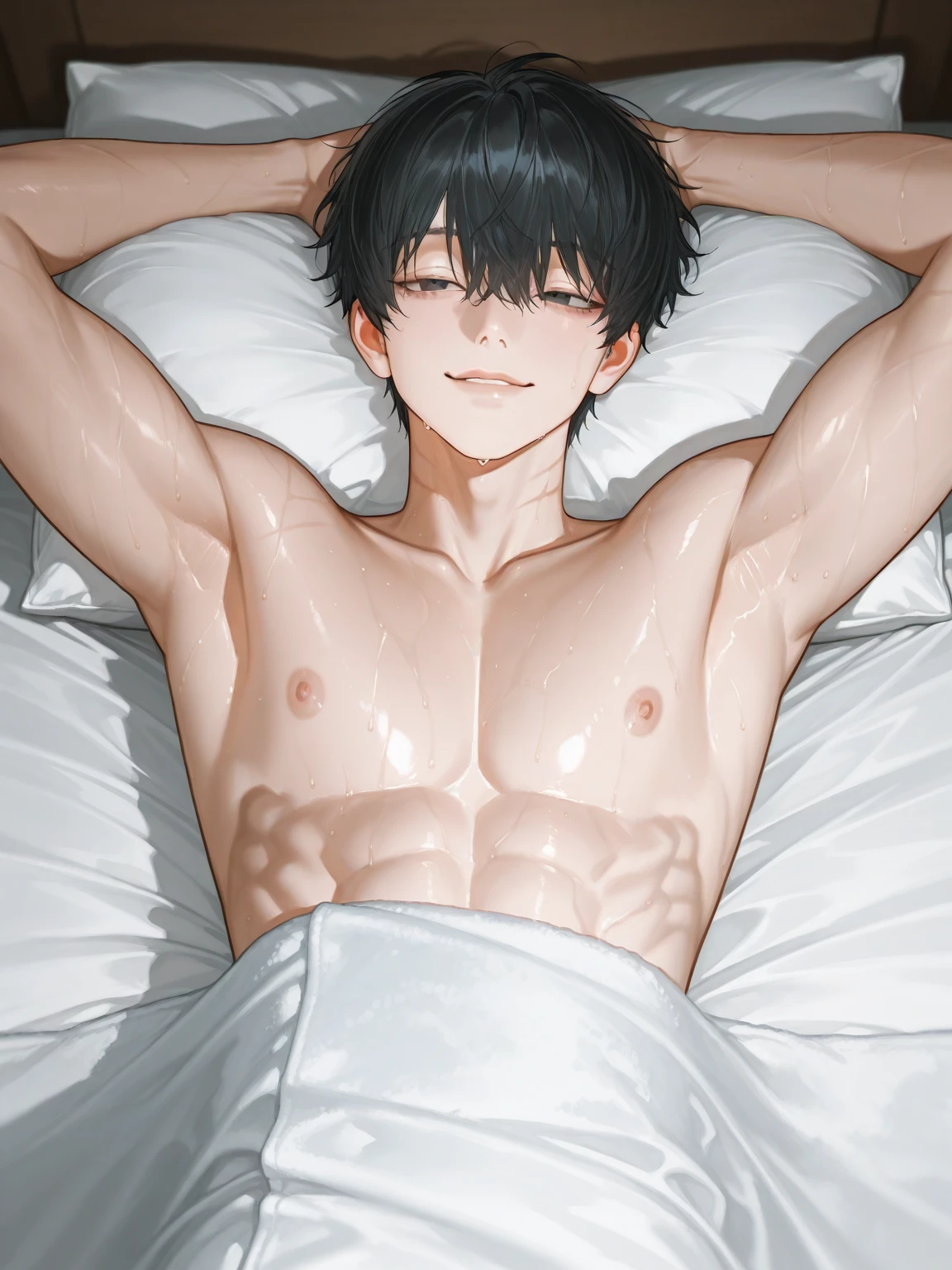 high quality, (tanned japanese teen boy), (detailed eyes), (black hair), (abs), naked,(tanned dark shiny skin), (detailed puffy nipples), (orgasm:1.3),(boy's face),cum on face,