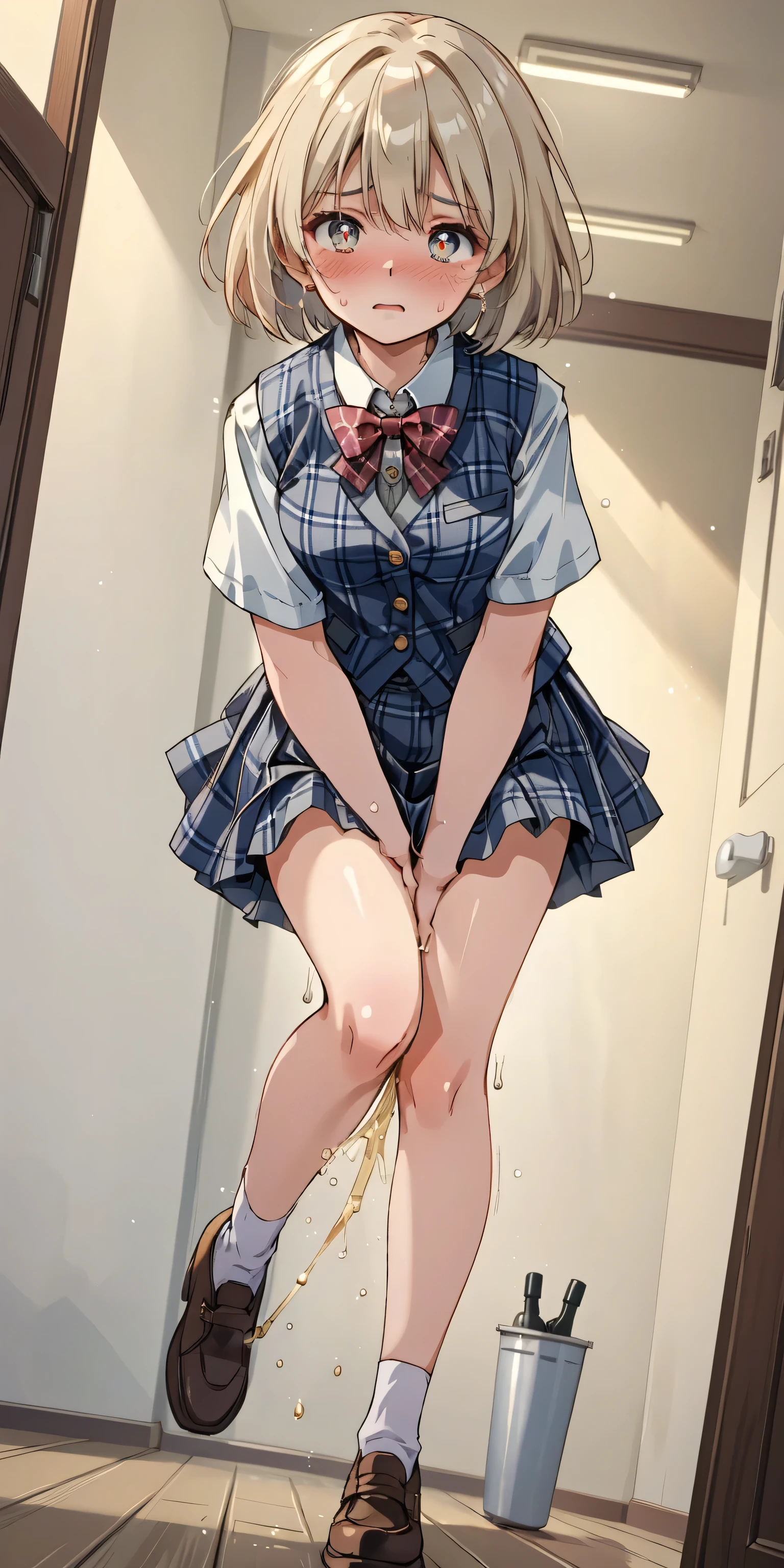 Bully student approaches me with a perverse face as I am a nerd, wearing short skirt, blonde hair, blue eyes, small firm breasts, long sexy legs, bad girl. very tall girl, photo from the floor her, bully, anger face
