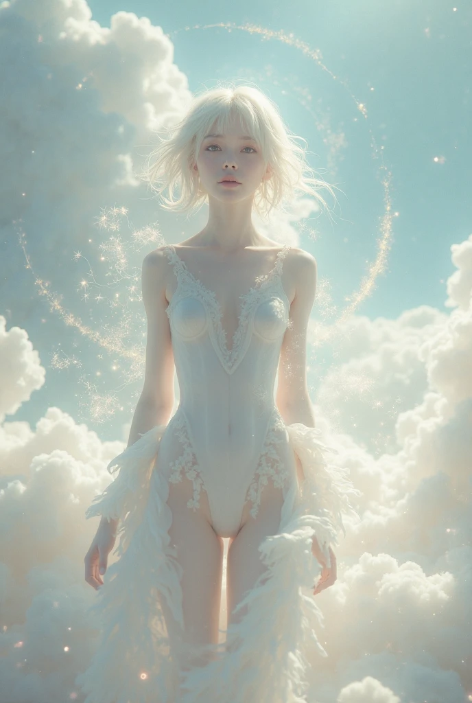 (masterpiece, high detail, high resolution, art style by Greg Rutkowski, depth of field), ((setting: high in the clouds)), (a naked woman proudly floating in volumetric clouds, high in the sky, billowing hair, (background: clouds in the sky), pale skin, (thick long rainbow paint hair: 1.8), sensual, (small breasts: 1.9), (small butt: 1.9), full body view, ((bright background), (gentle smile), relaxed, detailed, (volumetric, level difference detail), warm sharp sunlight, clear air, windy, backlight, contour light, strong but seductive, (((alone))), vibrant colours, silky white transparent fabric hangs around her waist, (((perfect hands))), wings made of white transparent silky fabric