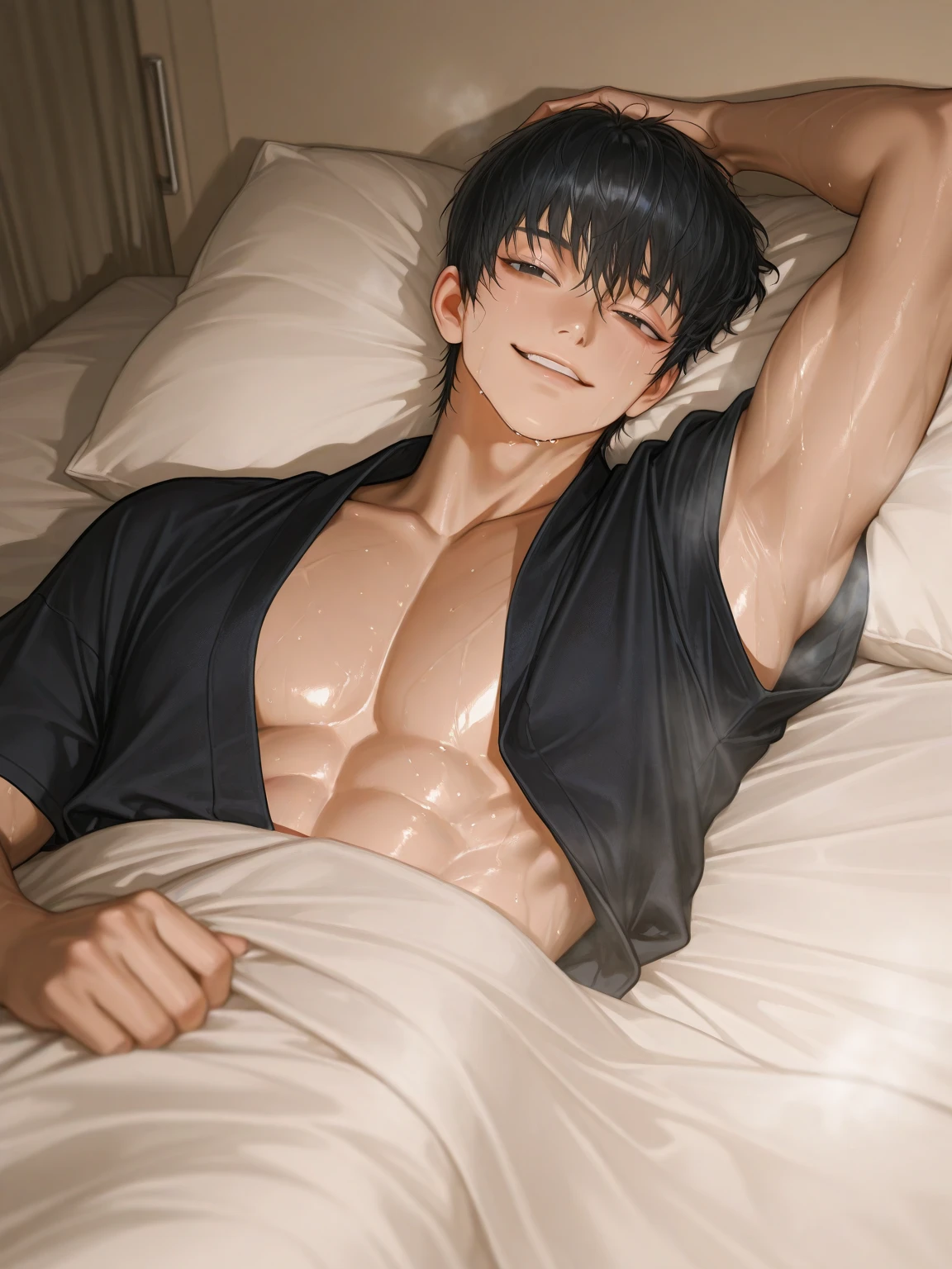 high quality, detailed, Realistic, (17 years old tanned japanese idol boy), (detailed black eyes), (black short hair), (abs), (tanned dark brown skin), night palace bedroom, (black tiny thong), (bulge), (detailed nipples), detailed areola,best quality,4k,8k,highres,masterpiece:1.2),ultra-detailed,(realistic,photorealistic,photo-realistic:1.37), face close up, --no watch,looking at viewer,smirk, (cum on face),