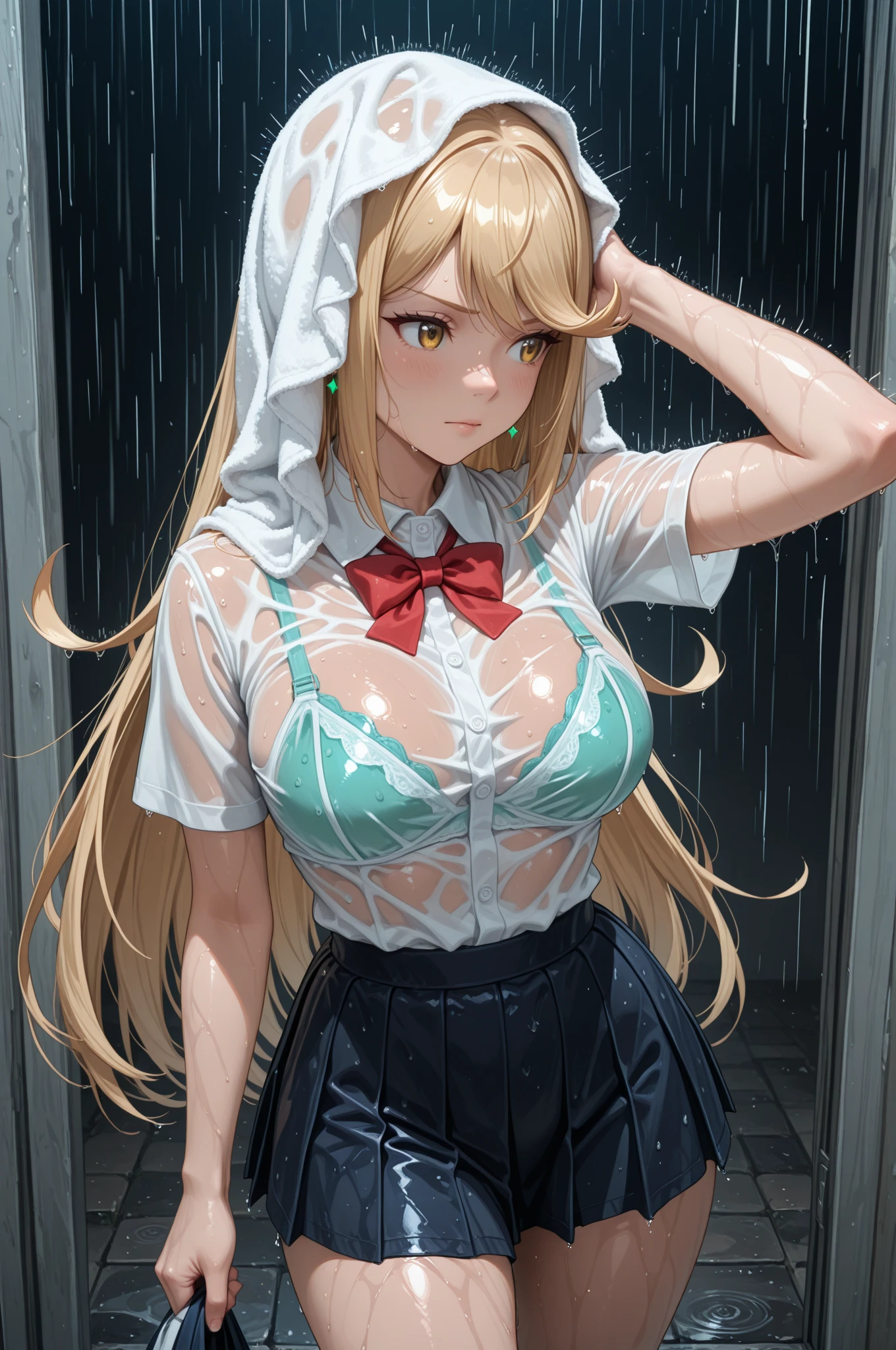 (obra de arte:1.2), (melhor qualidade:1.2), Olhos perfeitos, rosto perfeito, perfect lighting, 1girls, areolae, black hair ornament, black ribbon, blonde female, blonde hair, blue eyes, breasts, clothed, clothing, female, female focus, female only, functionally nude, hair ribbon, long hair, nipples, no bra, outdoor nudity, outdoors, , rain, raining, ribbon, see-through, see-through clothing, shirt, short sleeves, small breasts, solo, solo female, t-shirt, tied hair, transparent clothing, twintails, wet clothes