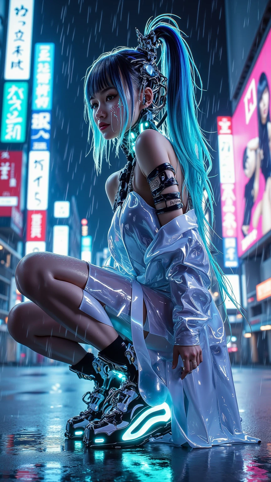 highest quality、highest resolution、surreal、Photoreal、Beautiful and delicate depiction、motion blur、anti-aliasing、radio city、ray tracing、Iridescent hair、bob cut、skinny、hardcore、leaking urine、get wet、Detailed pale colored nipples、cyberpunk city、cyberpunk edge liner、neon lit、Crowded downtown area、photographed from a distance、whole body、Beautiful and contrasting face、Ahegao、white skin、Detailed background、Realistic face、Watery eye、Drool、transformation、Extremely small udder、violently erect nipples、big mouth、Facial 、obscene、Lewd、Slutty、obscene、shame、Squat down and spread your legs、bandage、bondage、android、loincloth、
