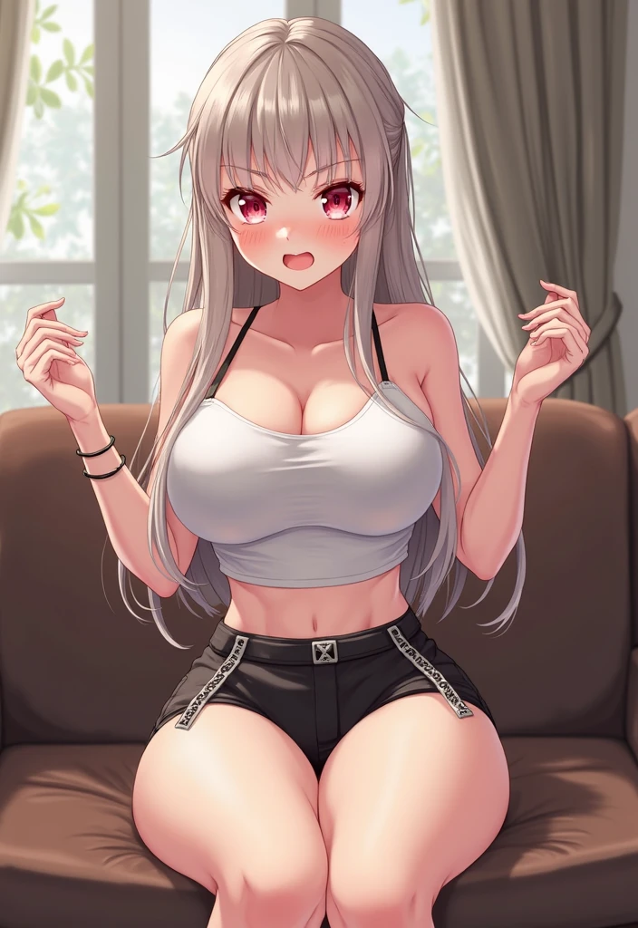 1girl, theresa apocalypse, erotic, hair flower, mature female, hair ornament, flower, earrings, lace tank top, micro shorts, head tilted, glossy skin, hair ribbon, ambient lighting, indoors, living room, sitting on couch, <lora:Char-Honkai-Theresa:0.8>
