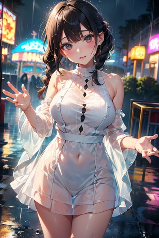(Best quality, 8k, 32k, Masterpiece, UHD:1.2), (realistic:1.5), (masterpiece, Extremely detailed CG unity 8k wallpaper, best quality, highres:1.2), (ultra detailed, UHD:1.2), (full body:1.3), (anime style illustration:1.3), (seductive anime waifu:1.3), (ultra-detailed:1.3), (hyper-sharp:1.3), (insanely detailed:1.3), 
BREAK, 
(1girl:1.3, solo), (Japanese milf:1.3), adult, single braid hair style, mahogany hair, attractive look, (Korean actress face:1.3), (Japanese idol face:1.3), pretty face, cute, 
BREAK, 
(wearing a white off-shoulder one-piece dress:1.3), (white classy dress:1.3), (white flaired skirt:1.3), (lace skirt:1.3), (detailed outfit:1.3), BREAK, 
(night metropolis street background, blurry background:1.25, simple background), (detailed Ginza street at night under starry sky:1.3), (detailed background:1.3), outdoor, cinematic light, cute, happy, seductive smile, :d, ;p, attractive emotion, BREAK, best ratio four finger and one thumb, perfect ???????, perfect proportion,