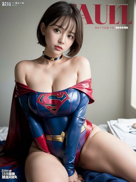 masterpiece、supergirl costume、short hair、barefoot、big and full breasts、Bedroom、straddle the bed、sexy pose、athlete、shiny、looking at camera、Seduce、choker、long sleeve、red mini skirt、Weekly magazine cover、Sculpture Magazines、sweaty、radical、