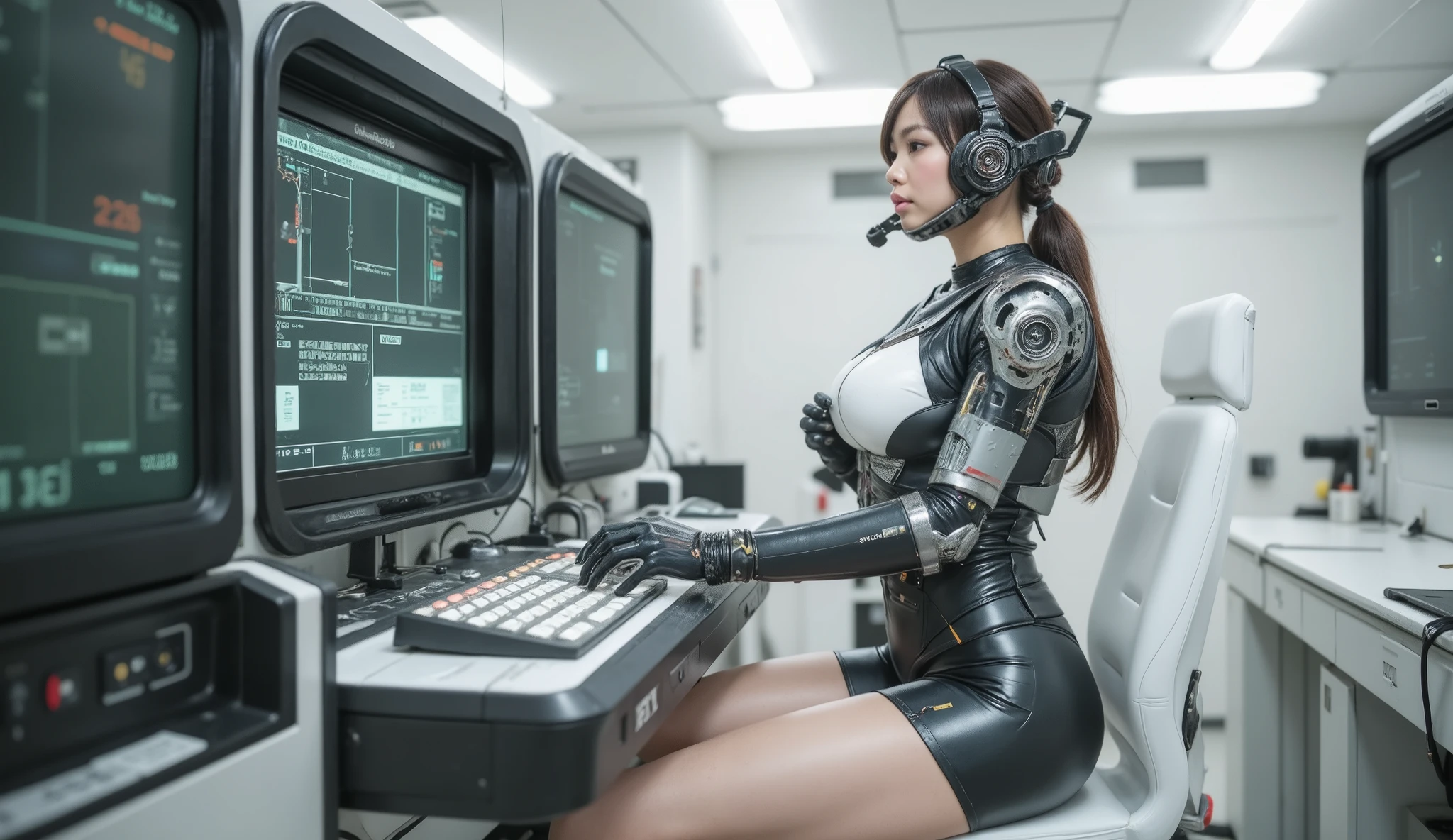 ultrarealistisch, fotorealistisch, dramatische Szene, Schatten, globale Beleuchtung, Allein, perfekte Anatomie, perfekte Finger, (young Japanese famous idol girls, aber Cyborg), very nice with very cute face, detailed facial skin texture, you Body is converted into a space army cyborg soldier, (futuristic cyborg soldier), huge armor with extremely wide shoulders, huge protectors, komplexer, intertwined cyberpunk mechanics, neon-integrated cyborg body made of shiny ceramic, (her strong cyborg body is complete with extremely detailed futuristic, mechanically armored, ultimate power suits covered), absolutely complex futuristic cyborg bodysuits, neon markers are integrated into her body, Kopfbedeckung, Kinnschutz, Kopfbedeckung, (extremely large breasts), schmale Taille, she is lashed to the huge machine, to make an adjustment, in front of the experimental equipment console in the futuristic laboratory, there are large displays and many neon markings, built into the control console,  Futuristic white room , nervous, dynamischer Winkel,