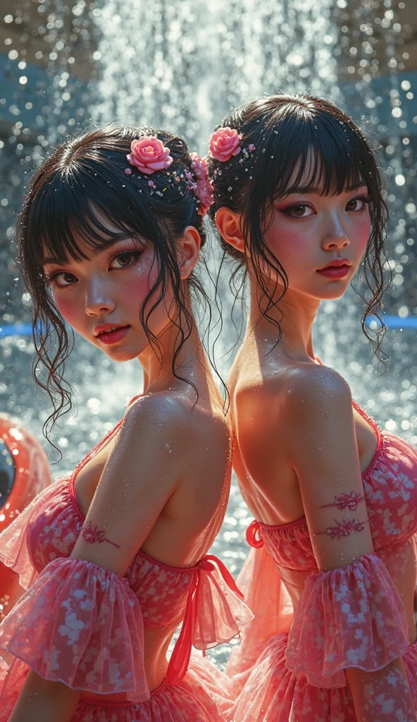 (Best Quality), ((Masterpiece), (Details: 1.4), 3D, HDR (High Dynamic Range), Ray Tracing, NVIDIA RTX, Super Resolution, Unreal 5, Subsurface Scattering, PBR Textures, Post Processing, Anisotropic Filtering, Depth of Field, Maximum Acutance and Acutance, Multilayer Textures, Albedo and Highlight Maps, Surface Shading, Accurate Simulation of Light-Material Interactions, Perfect Proportions, Octane Rendering, Bicolor Light, Large Aperture, Low ISO, White Balance, Rule of Thirds, 8K RAW, Pink Puffiness, NSFW, (Kpop Idol), ((2 Girls Love Each Other)), (Crowd Watching), Exposed, Seductive, Sexy, ((Spider-Man Uniform)), ((Spider-Man Pose)) Movies, Tears, Teardrops, (Torn Clothes: 1.9), (Clear Wet Clothes: 1.8), (Perspective Section: 1.8), Charming Leg Temptation, Droling, Bare Shoulders, Real Rain, Wet Hair,.. Wet transparent pajamas, wet torn panties, breasts coming out, sweaty skin, blushing, (cum in face:1.4), (cum in tits:1.8), (cum in ass:1.4), (on stage), (he's wet), (panties half off)