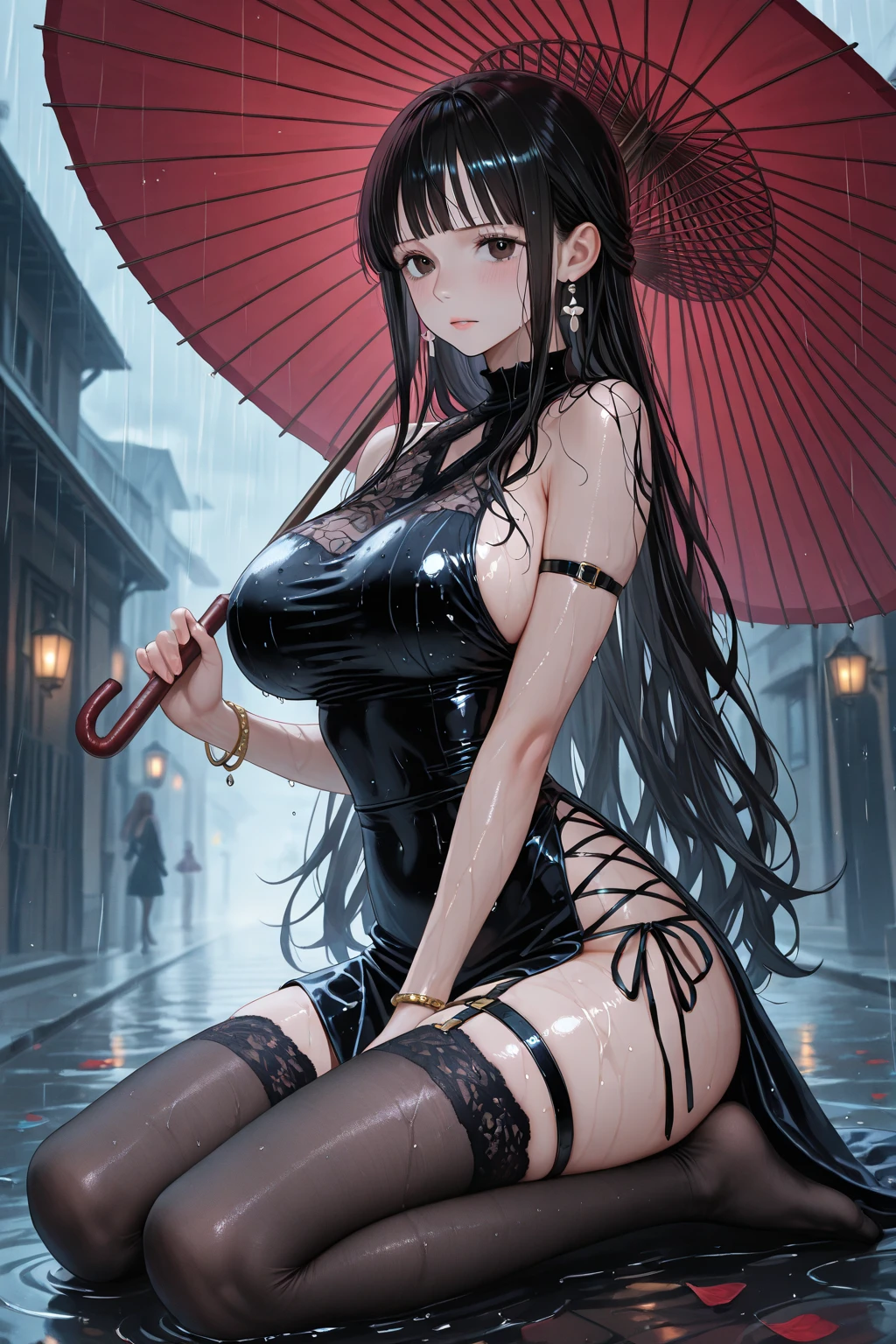 (masterpiece, best quality, super detailed, best shadows), (detailed background,), raining, rainy night, pouring rain, thunderstorm, heavy rain fall, umbrella, gothic umbrella, night, full moon, 1 girl, solo, solo female, 18, Vampire, sitting alone, sitting on a park bench at night, caught in the rain, wet, drenched, soaked, gothic school uniform, long black hair, black fishnet stockings, glowing red eyes, shy expression, shy, shaking, trembling, shivering, soaking wet, wet hair, wet chest, exposed chest, gigantic breasts, massive boobs, thick thighs, open shirt, displaying cleavage, gothic, goth, black lipstick, black lips, black eye liner, black eyeshadow, plump thighs, voluptuous, timid, Tokyo Japan, japanese paper lantern, japanese girl, anime, thin waist, hourglass figure, young, gothic vampire, vampire girl, bright glowing red eyes,