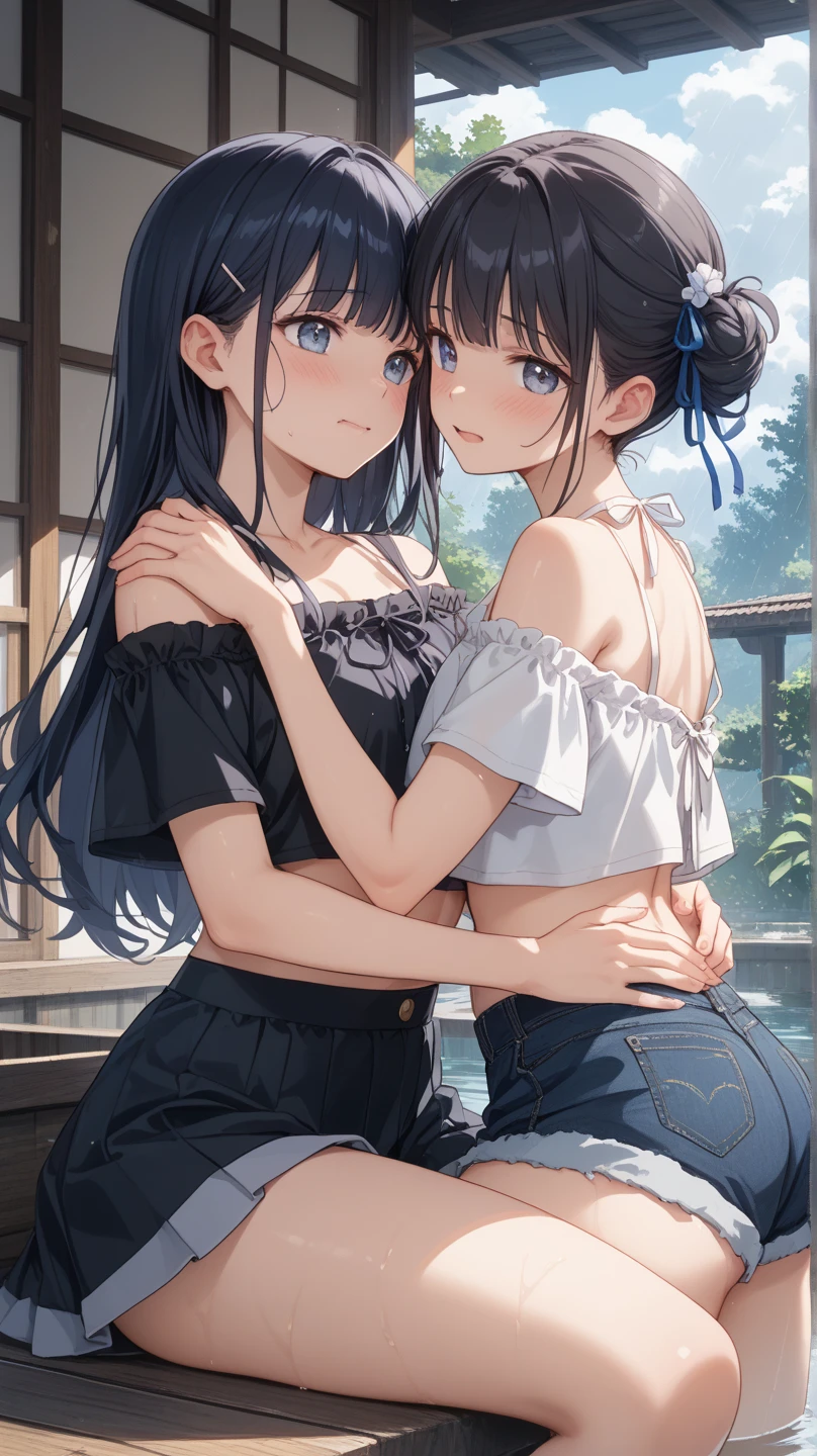 Ponytail sisters，Open-chested clothing，Lakeside，Unbuttoned，They are hugging each other