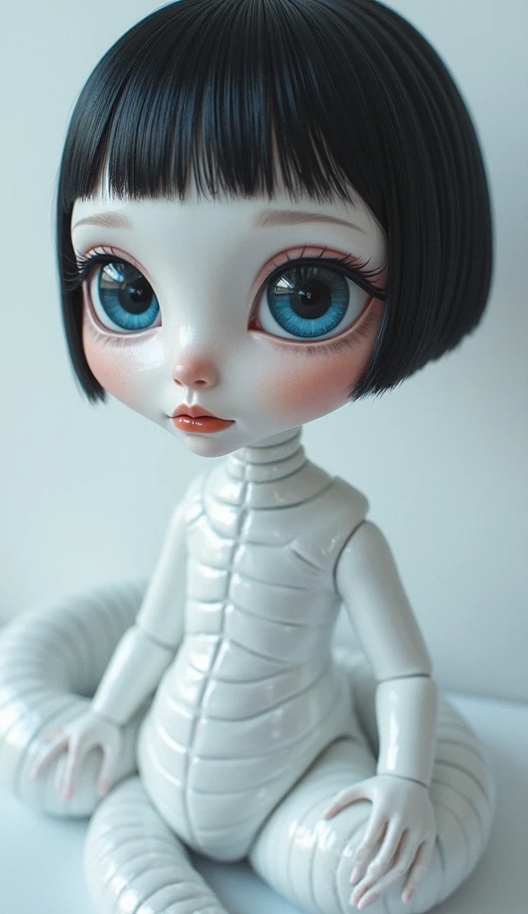 ceramics,black color hair,Flat image,cyan dress,complexion,blue color eyes