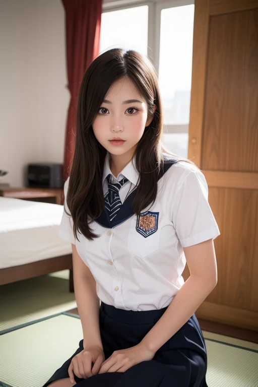 lens: 135mm f1.8,(Highest quality),(Tabletop:1.1), (Beautiful 16 year old Japanese girl), (Moisturized lips), Narrow eyes, double eyelid,Delicate clavicle,Flat Chest,Shortcuts,
(Let me me'Let me'Let's take another look), (close:1.4), shame, A faint smile,
(Spotted sunlight:1.2), Dramatic lighting,
(Taking off the uniform), (Sunburned skin:0.2),Full body photo、Full Body Focus、Sit on the floor with your legs open、Spread your legs wide、Skirt Lift、Hold up your skirt with both hands、The inside of the skirt is visible.