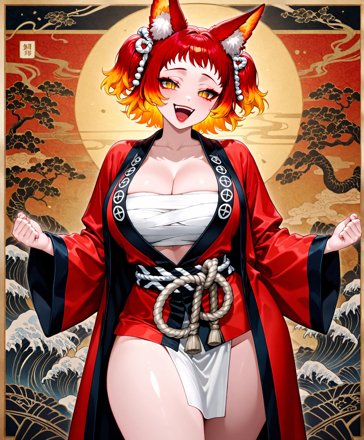 <lora:MADGOD:0.5>, (Masterpiece, Best Quality:1.3), (thick lineart), (faux traditional media), dynamic pose, highres, official art, best illustration, (8k resolution), oiran, 1girl, mature female, solo, japanese clothes, bare shoulders, from above, breasts, chest sarashi, bae shoulders, kimono, stylish, fantastic, fairytale, fantasy art, (detailed face), red hair, single braid, red eyes, lying on a bed of flowers, on back, (lovely eyes, looking at viewer, lipstick), depth of field, silhouette, perfect, makeup, lovely, (details:1.2), sunset,various colors, vivid, colorful, shiny, cloud, sky, stars, lumen global illumination, (moody lighting:1.1), (full body), extremely detailed background, Hokusai Katsushika art in background
