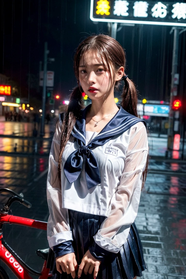 (RAW shooting, Photoreal:1.5, 8k, highest quality, masterpiece, ultra high resolution), perfect dynamic composition:1.2, street corner at night, look up at the sky:1.3, (((Typhoon heavy rain))), Highly detailed skin and facial textures:1.2, Slim high school girl wet in the rain:1.3, sexy beauty, perfect style:1.2, beautiful and aesthetic, Fair skin, very beautiful face, (rain drips all over my body:1.2, wet hair:1.4, wet uniform:1.2), water droplets on the skin, (Medium chest, Chest gap), (embarrassing smile, The expression on your face when you feel intense caress, Facial expression when feeling pleasure), (beautiful blue eyes, Eyes that feel beautiful eros:0.8), (Too erotic:0.9, Bewitching:0.9), cowboy shot, student bag, perfect limbs, perfect fingers