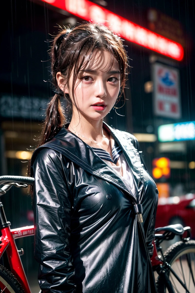 (RAW shooting:1.5, Photoreal, 8K, highest quality, masterpiece, ultra high resolution), perfect dynamic composition:1.2, Night street corner of a modern city, expression of sadness:0.5, (((Typhoon heavy rain))), Highly detailed skin and facial textures:1.2, Slim office lady wet in the rain:1.3, Fair skin:1.2, sexy beauty:1.1, perfect style:1.2, beautiful and aesthetic:1.1, very beautiful face:1.2, water droplets on the skin, (rain drips all over my body:1.2, wet body:1.2, wet hair:1.3, Wet tight skirt:1.2, wet office lady uniform:1.3), belt, (Medium chest, Bra is transparent, Chest gap), (cry, lovelorn, The expression on your face when you feel intense caress, Facial expression when feeling pleasure), (Eyes that feel beautiful eros:0.8, adult charm:0.9, Bewitching:0.9), cowboy shot, Shoulder bag, necklace, earrings, bracelet, clock
