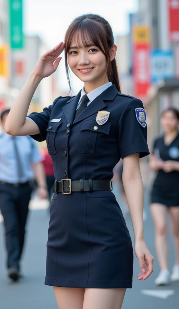 salute、police uniform、police hat、whole body、photo taken from below、a beautiful female police officer、((Brown Long Bob Hair))、city