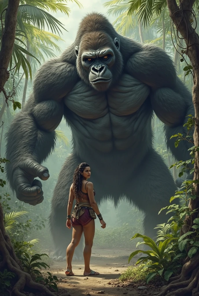 (Lara Croft, nude, large breasts, sparse pubic hair) full body, seductive smile, standing beside one huge male furry gorilla with gorilla penis in ancient ruins in the jungle