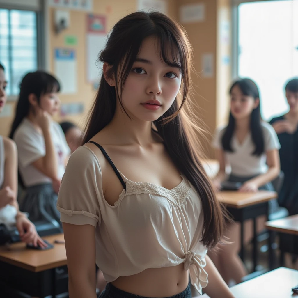 Beautiful girl with smooth skin, black hair, dark eyeshadow, gold pendant (beautiful bra, wearing a Thai student uniform, a white short-sleeved shirt, a black short skirt, a tight fit, standing and posing in a classroom. The background is a classroom, student desks and chairs. The most realistic picture.
