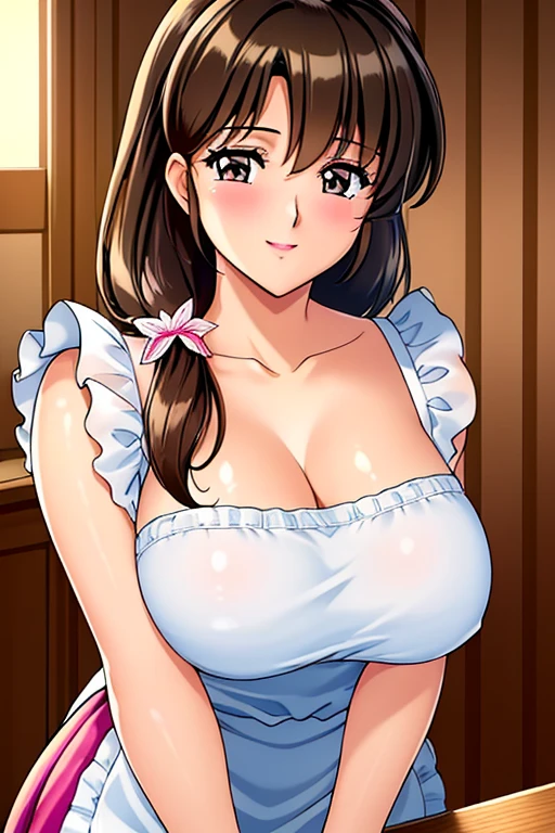 masterpiece, top-quality, hight resolution, rating:safe, earrings, jewelry, 1girl, cover, dress, long hair, nitta minami, brown eyes, smile, brown hair, Parthenon temple, beautiful breasts, choker, blue dress, cleavage, looking at viewer, ((NSFW))，