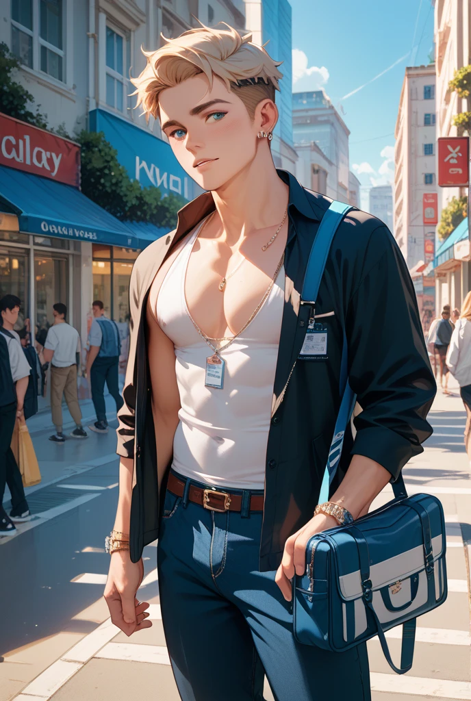 shirtless handsome manly short black hair caucasian male in tattered short jeans and sneakers, shirtless, sweating profusely, walking inside the train station, inside the train station is crowded with people