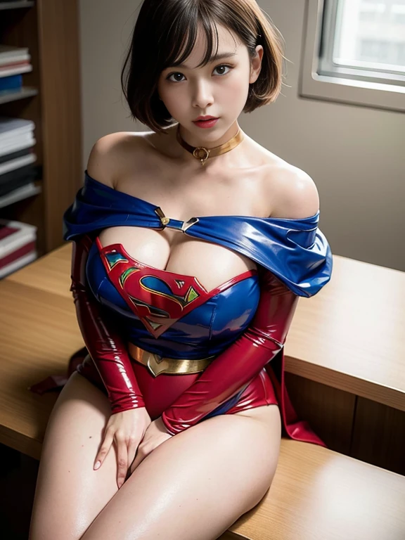 masterpiece、Rubber Supergirl Costume、short hair、barefoot、Big and ample breasts、looking at the camera、choker、Long sleeve、Cape、mini skirt、Off the shoulder、Sweaty skin、On a hospital desk、Photo magazine cover、Provocative cleavage、Boasting beautiful legs、High leg leotard、Bare legs、wallpaper for pc、