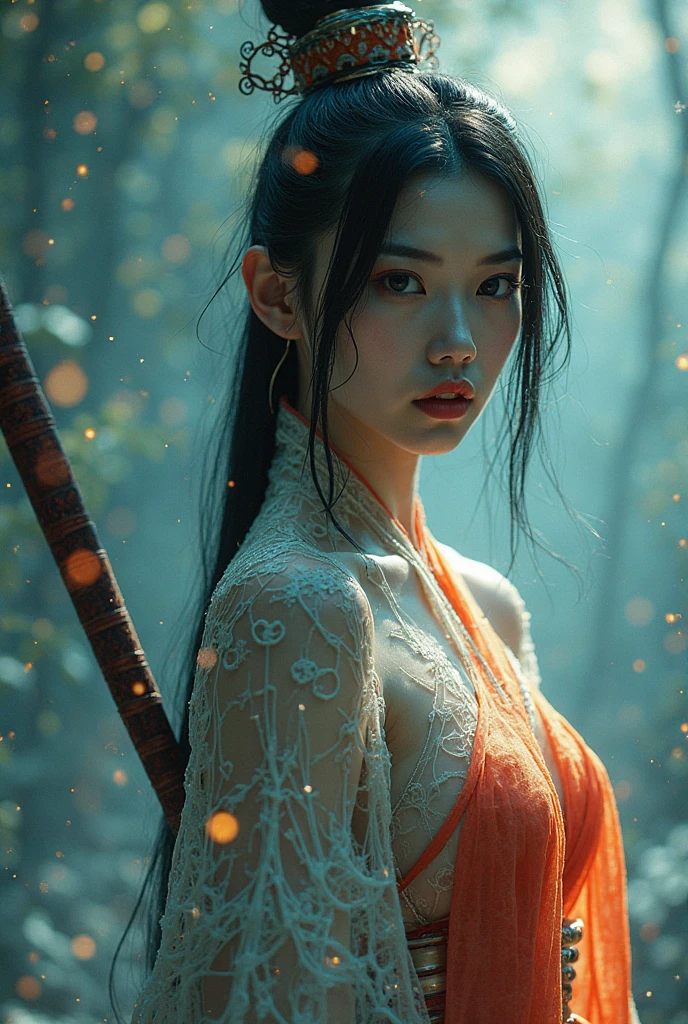 sword sakura,Predominant_Body,1 girl,arms,sword,black hair,flower petals,樱flower,long hair,Chinese clothes,vague,OK,hair accessories,Keep arms,looking at the audience,Keep sword,Keep,long sleeves,facial markings,single OK,flower, Outdoor sports,Best quality,masterpiece,illustration,extremely delicate and beautiful,CG,unity,8k wallpaper,amazing,fine details,masterpiece,official art,Very detailed CG unity 8k wallpaper,Extremely ridiculous,File size is large,super detailed,high resolution,Very detailed,Beautiful and delicate girl,actual,rain, wet, transparent silk hanfu, unbutton dress, ((show breast, show nipples, clean areola))
