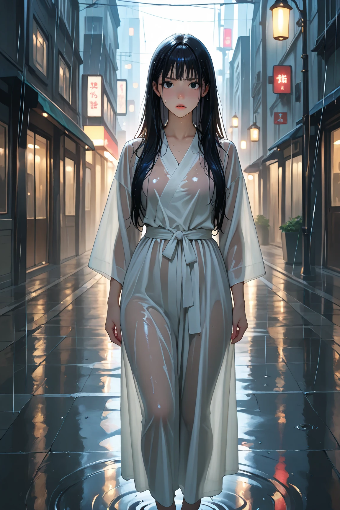 ((masterpiece,Highest quality:1.3,best illustration,realistic)),nsfw,1woman、独奏,20 year old Japanese beauty,((very small head:1.3)),center parted bangs,forehead,black hair,long hair,black eyes,gorgeous eyes,Black-rimmed glasses、shy,medium breasts,((very long body:1.2)),((toned body,slender body,skinny)),gleaming skin,shiny skin,oily skin,(off-shoulder white knit wear,red long skirt),on street,Tokyo、