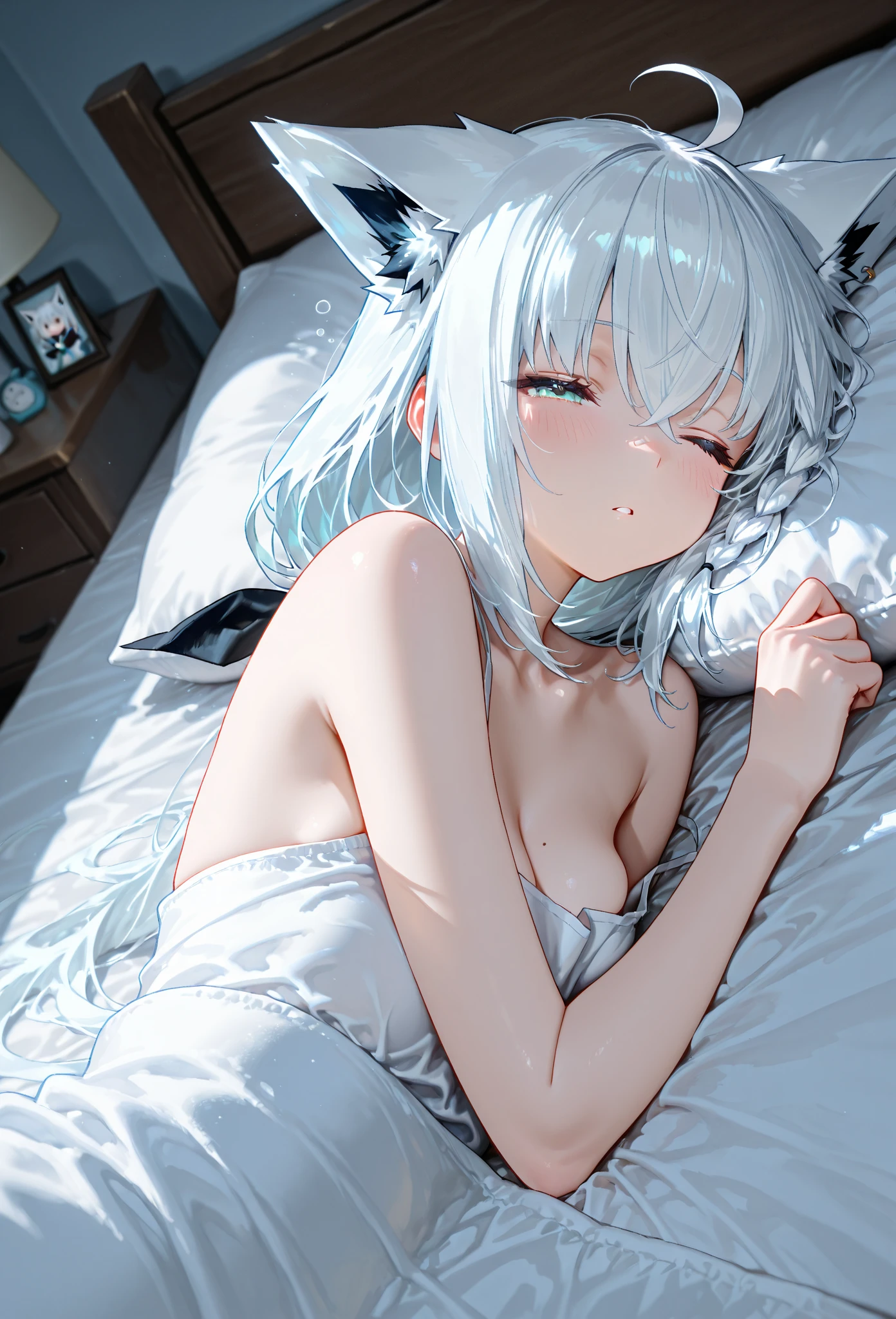 (((best quality)), ((masterpiece)), (details), masterpiece, best quality, high quality, ulutra detailed, perfect face, ((1girl, blue eyes, cat ears: 1.3 silver bob hair: 2.5,)) 、Shiny Hair、Glowing Skin、blush、Lustful look、Sleep in bed、Side Angle、whole body、Lace purple babydoll、barefoot、Purple lace panties、Butt、Sideboob、Prone