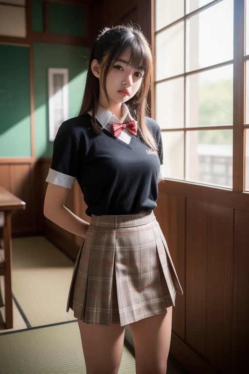 (Highest quality:1.4),(masterpiece:1.4),(Realistic:1.4),(Realistic:1.2),(超High resolution, RAW Photos:1.4),(High resolution, Ultra-detailed:1.2),(8K:1.2),Movie Photos,a photo of a dark-haired,One girl,alone,wear ,Checked skirt,Knee-high,bow tie,Are standing,((Japanese Classroom)),、((Upper Body:1.3))