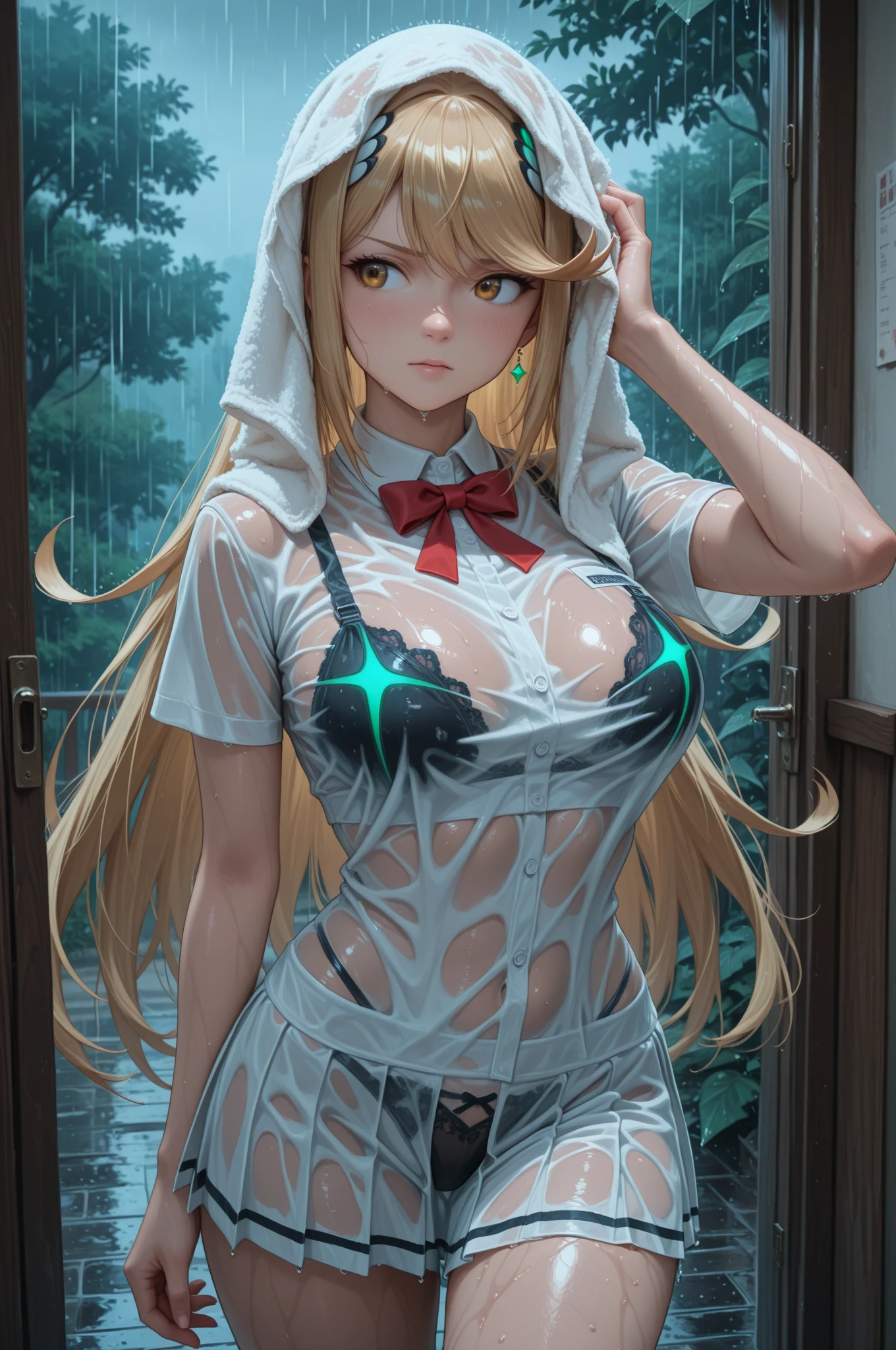 1 woman,Small Loli,Small chest ,(background:forest,,summer) She has long blond hair,curls,Long hair flying,Everlasting,Sweat,soak,From the front, Straight Hair, partly cloudy,(((masterpiece),(Highly detailed CG Unity 8k wallpaper),best quality,Movie Lighting,細緻的background,Beautiful and delicate eyes,black eyes,(Very delicate and beautiful),(Beautiful and detailed description of the eyes),Ultra Detailed,masterpiece,)),face camera,high resolution,Ultra Detailed),Exposing breasts,Exposing genitals, Convex,Legs open,Convex起性感,Camel toe,Primary school students(wear:Military cap,Turtleneck shirt,White transparent tights)Sci-fi style,nude