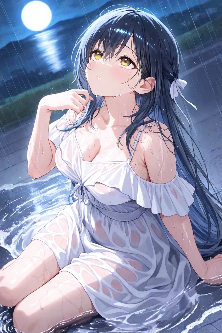 (Masterpiece))), ((Best Quality)), Details, Alone, Female One, Lingerie, Stockings, Sexy Pose, (Rain), Breast Curtain, Depth of Field, Viewer's Gaze,