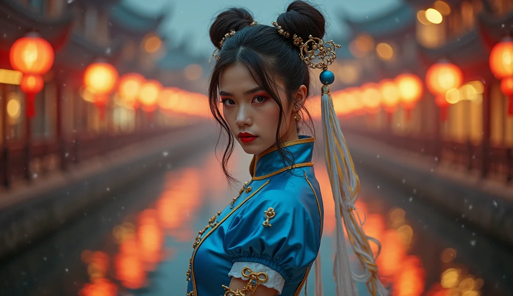  halfclose-up picture of Chun-Li from Street Fighter, elegant and powerful Chinese woman, intense and graceful expression, beautiful yet dangerous, glowing skin with perfect lighting, defined cheekbones, sharp focused eyes, slight smirk of confidence, wearing her iconic deep blue silk qipao with golden embroidery, detailed fabric textures, silver spiked bracelets partially visible, her traditional twin hair buns with smooth black hair and flowing white silk ribbons, wind slightly lifting her ribbons and hair, cinematic lighting highlighting her features, dramatic background: futuristic ruined city with storm clouds and neon lights, bokeh effect, moody and epic, ultra-realistic skin and  textures, photorealism, high detail, 9:16 vertical format, SeaArt Infinity quality

---

### Negativer Prompt (angepasst für Nahaufnahme):

blurry, distorted face, asymmetrical eyes, low detail skin, artifacts, bad , disfigured features, mutated, poorly drawn, extra  features, wrong proportions, low resolution, grainy, cartoonish, extra limbs, watermark, text, double eyebrows, unnatural expression, exaggerated makeup, over-smoothed skin, bad lighting, jpeg artifacts
