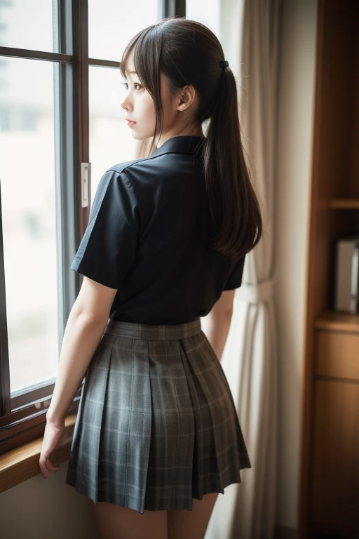 ((Best image quality、8k、masterpiece:1.3))、Realistic high-quality photos、Highest quality、Prisoner of War Woman、Tied up with rope、Standing in the room、(((両手は後ろでTied up with ropeている)))、(((Wearing a short-sleeved blouse、Wear a pleated skirt)))、Uniform eyes、Medium、Balanced、Small face、Small breasts、Rear view、Please show me your whole body、The audience watches from behind、Beautiful and elegant face and eyes、Black Hair、Shiny Hair、 OL、Wearing a short-sleeved blouse、Wear a long skirt、Full Body Shot.