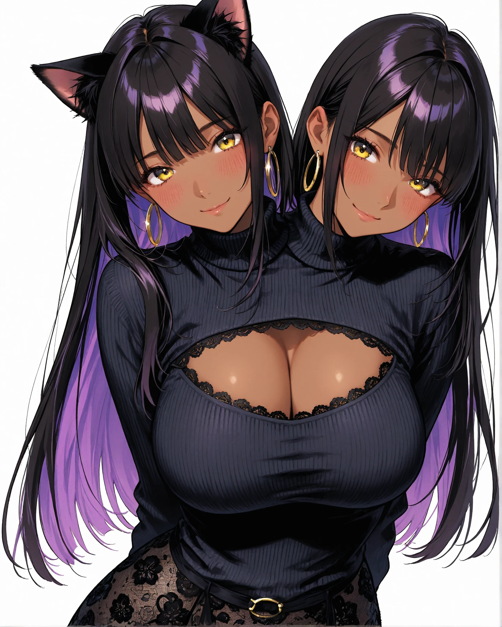 Generate an image from a ,with cat ears,black wavy hair,sharp purple eyes,generate a tuber png image with other expressions in chibi format