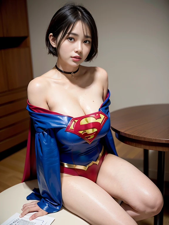 masterpiece、Supergirl Costume、short hair、barefoot、Big and ample breasts、test subject、Laboratory、victim、Crisis situation、Straddle、Sweaty、Shiny、Long sleeve、Look at the camera、sense of abuse、Estrus、choker、Weekly magazine cover、Red mini skirt、Humiliating、Seductive pose、Humiliating、Alluring、Off the shoulder、Model Body Type、Oily Skin、charm、Enchanting、abused、Wild、