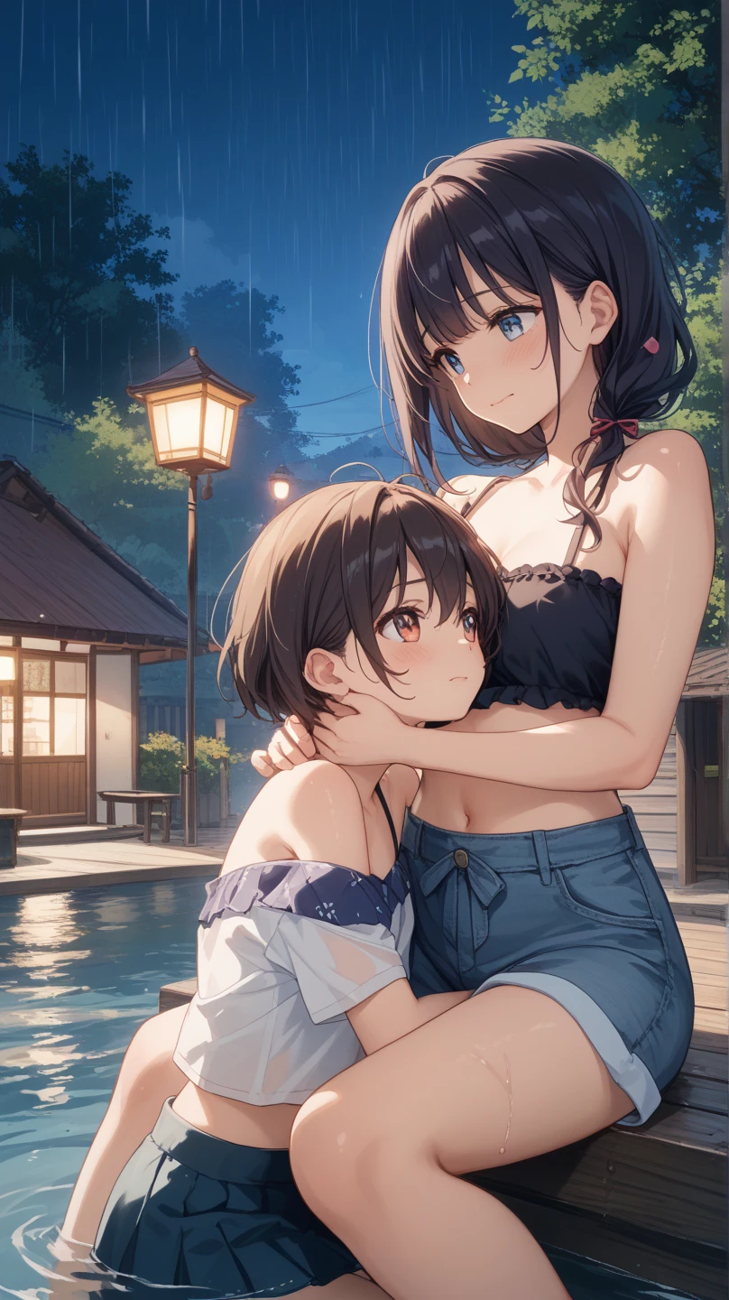 ( 1 girl ), dark blue hair, cool looking woman, short hair, tomboy, mature woman, expressive eyes, (hetero chromaia eyes) , (((perfect female proportions))), (very large breasts), (women tank top, v-neck), (casual shorts, black), long legs, skinny legs, slim hips, wear Converse shoes, tomboy, milfication, mature female, casual clothes, (masterpiece) , (best quality) , lonely musician girl, artistic, inspired, golden hour, warm, rain, reflections, Yuumei, lunism, ethereal, Makoto Shinkai
