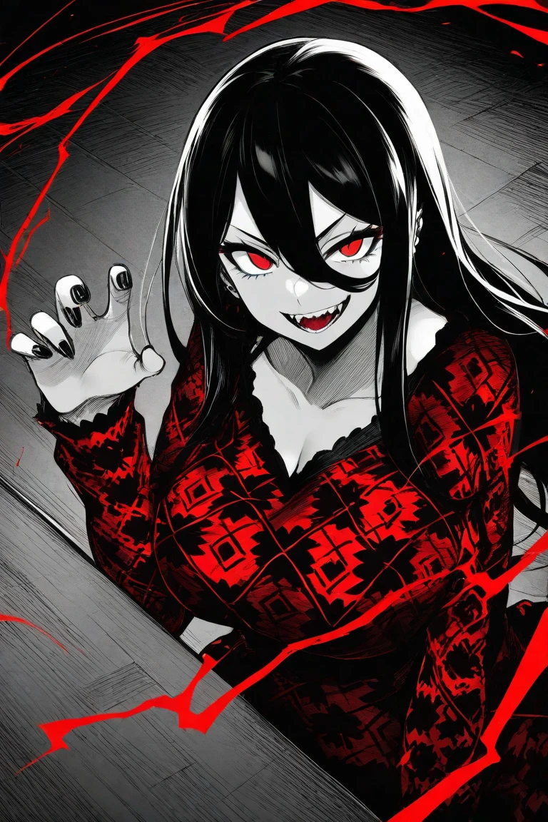 Girl with black hair tied in a ponytail having sex in semi-naked black lingerie with lace eyes, one black and one red, with an excited expression with her tongue sticking out