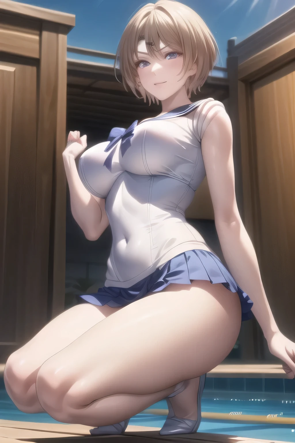 can you draw a woman in a Sailor Moon costume,white sleeveless costume,Thigh to Head,blue pleated micro mini skirt,blue boots,big boobs,beautiful legs,from below,,I'm at the pool facility,Sunny outdoor pool, blond short-haired woman ,、please draw bigger breasts bigger {x} can you draw the red panties so you can see,big breasts,big boobs,big boobsでもウエストが細い, ,women with nice smiles,Accurate depiction of hands and legs,Blond short-haired woman, Light clothing,,blue panties,,big breastsを描けますか,big breasts ,もっとbig breastsをもっと大きく描いてください,, Alone,big breasts,big breastsでもウエストが細い,accurately describe her body、Draw a woman with stylish eyes, , big breasts, thin waist , , ,, よりbig boobsを描いてもらえますか,