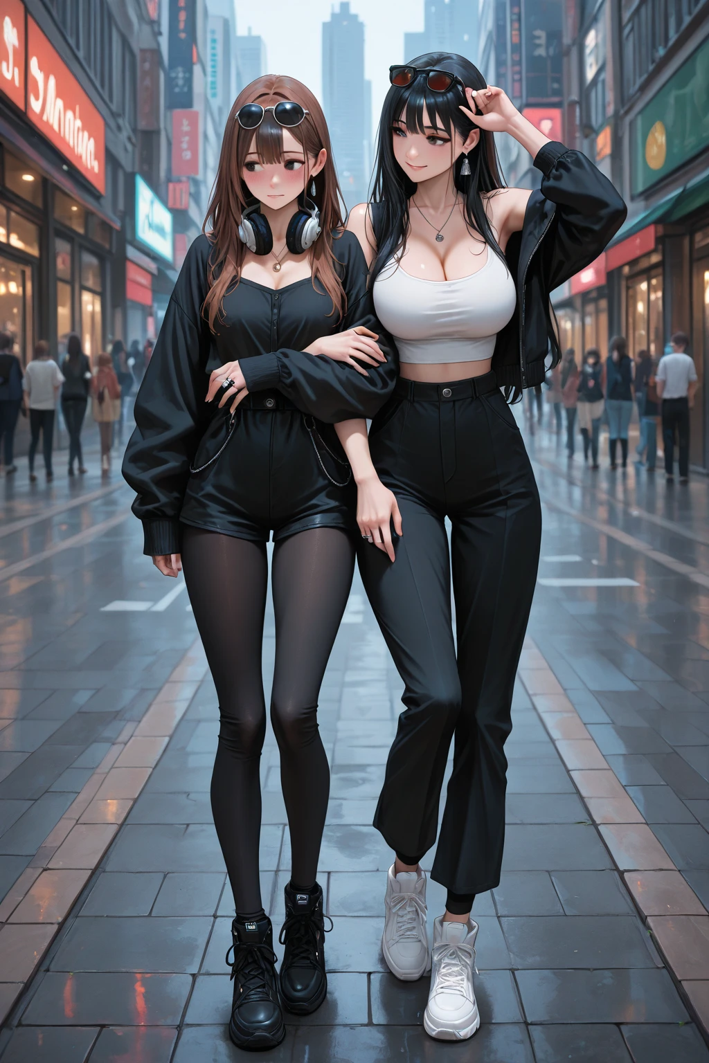 (highest quality,high resolution,(Ultra high fine mesh,4K), (ultra high resolution,8K),muste piece:1.2), (perfect anatomy,anatomically accurate), (Angle from above), (soft lighting, rendering), (Two cute high school girls walking in the park), High-definition beauty face, (high heels), elegant leotard swimwear), (Wear a gray hoodie), (Crisp double eyelids), (fascinating expression),(large breasts:1.3), (soft skin), (It's photorealistic), (glowing skin), (colorful hair)