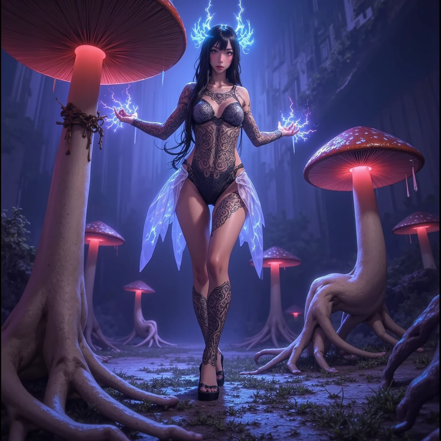 best quality,4k,8k,highres,masterpiece:1.2,ultra-detailed,realistic:1.37,HDR,UHD,studio lighting,ultra-fine painting,sharp focus,physically-based rendering,extreme detail description,professional,art nouveau,tarot card style, dynamic angle, action shot, two characters,female alien,(creatures from outer space),(GirlfriendMix2:1),(A female alien is resurrecting a creature from the dead:1.6), (raising the undead), (she raises her hand, infusing energy into the creature's corpse:1.37), red energy lines,(multiple blood strings floats around the environment flowing into the creature's corpse), fractalized, (wearing a biological exoskeleton),concept art inspired by moebius,alien flora,(surreal flora background with ruby crystal formations),vivid colors,olive and pale purple hues,trending on cgsociety,landscape,(horror),sci-fi,Yoshitaka Amano style,concept artists,bright and vibrant colors,dreamy lighting